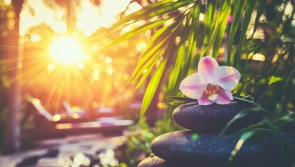 Serene sunset garden scene with orchid