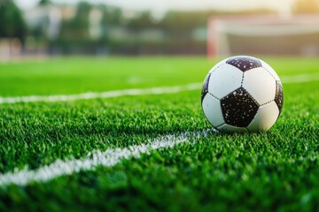 Fototapeta premium A soccer ball is currently sitting right on the edge of a soccer field