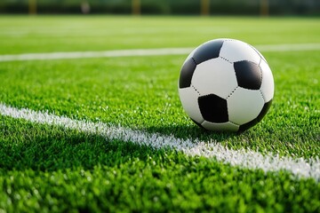 Fototapeta premium A soccer ball is currently sitting right on the edge of a soccer field