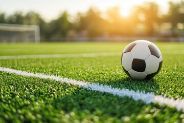 Fototapeta premium A soccer ball is currently sitting right on the edge of a soccer field
