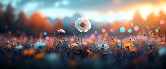 Vibrant wildflowers field at sunset