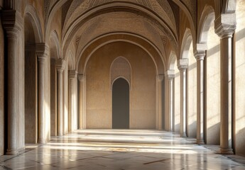 Sunlit Classical Hallway with Marble Floor and Arched Ceilings