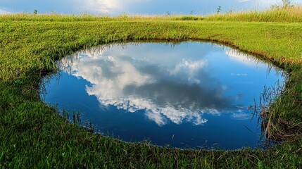 Fototapeta premium A tiny pond reflecting a cloudy sky, white background