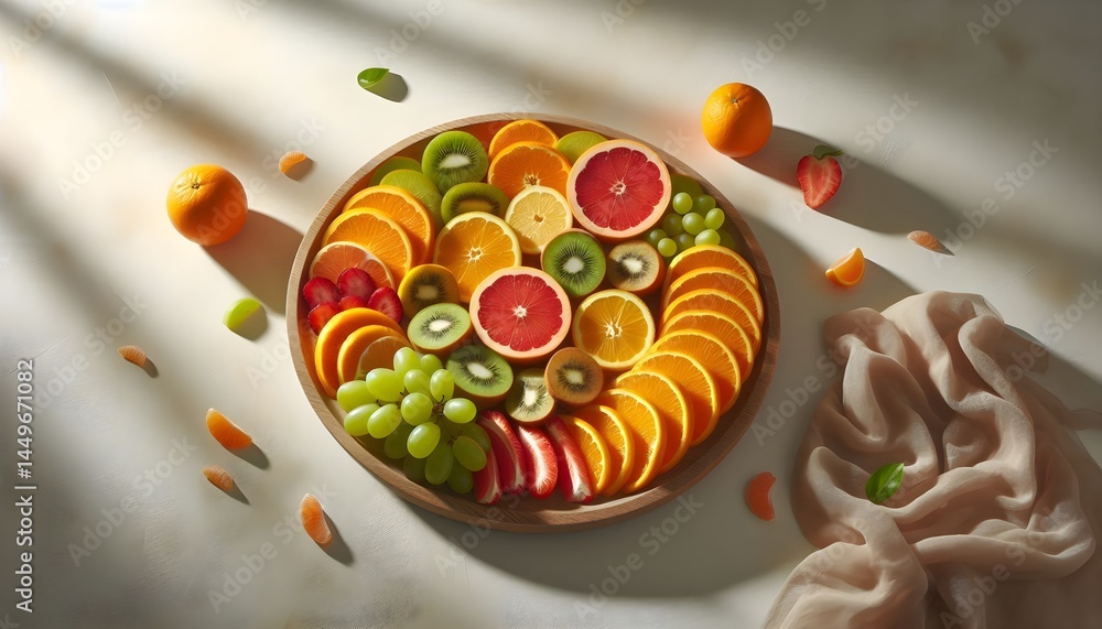 Aufkleber assorted sliced citrus fruits laid out in circular platter mockup on minimal light background with v