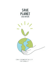 Vector hand drawn cartoon sketch of green planet with supporting hands. Sustainable lifestyle. Plastic free ecological poster. Zero waste Concept.