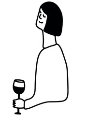 Girl Drinking Wine. Line Drawing Doodle	
