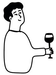 Man Drinking Wine. Line Drawing Doodle	
