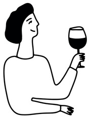 Girl Drinking Wine. Line Drawing Doodle	
