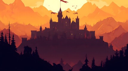 Naklejka premium Digital illustration of a dark castle silhouette against a fiery sunset mountain landscape.