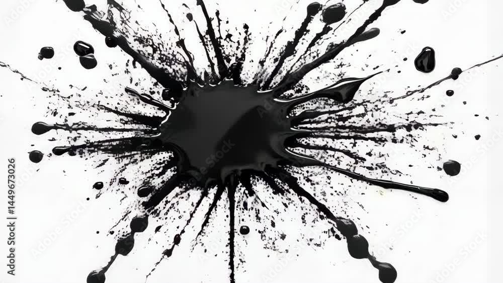 Poster dramatic splash of dark liquid, creating dynamic abstract patterns and droplets on a clean white sur