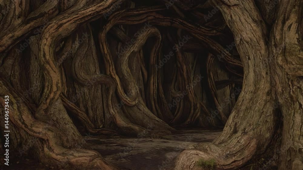 Poster twisted tree roots create a dark forest tunnel.