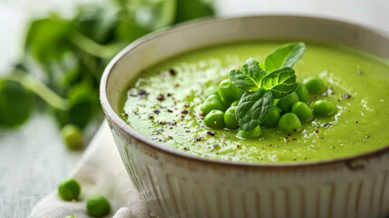 Fresh green pea and mint soup served in a deep white bowl
