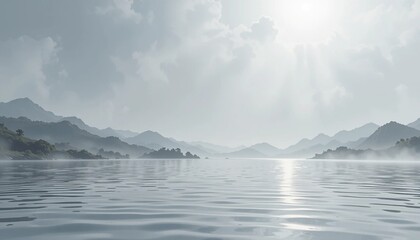 Naklejka premium Peaceful Natural Scenery Background: Lush Green Forest and Calm Lake