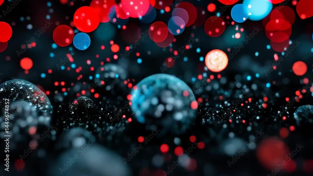 Poster a blurry image of a dark background with many small dots of different colors