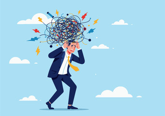 illustration of an overwhelmed businessman holding his head, surrounded by tangled lines and puzzle pieces, symbolizing workplace stress, confusion, mental pressure, and problem-solving challenges.
