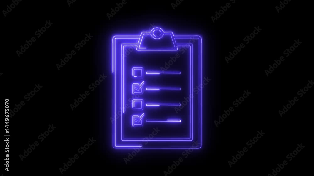Poster glowing neon checklist on black background animation indicating tasks done or pending for project ma