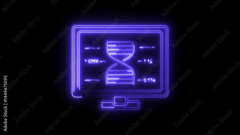 Poster neon computer display with hourglass and data analytics animation concept for data science futuristi