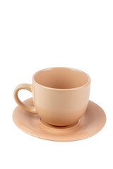 A white porcelain cup and saucer hold hot coffee, an isolated object perfect for a cafe beverage