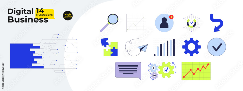 Poster digital business tools and process optimization cartoon flat illustrations mega bundle. workflow, an