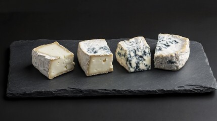 French bleu dAuvergne cheese wedges placed slate serving plate black textured surface creamy blue cheese intense flavor traditional cheese central France cut out on isolated transparent background