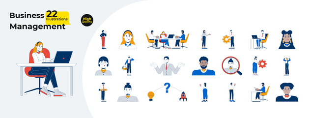 Diverse businesspeople employees cartoon flat illustrations mega bundle. Corporate life. Business women, men. Office workers career 2D images isolated on white. Collection vector drawings colorful