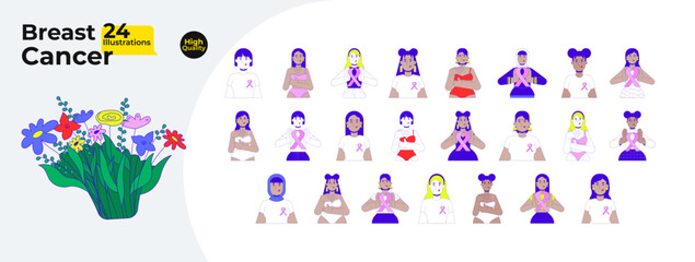 Breast cancer awareness cartoon flat illustrations mega bundle. Self examination, pink ribbons. Multicultural women empowerment 2D images isolated on white. Collection vector drawings colorful