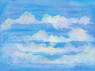 Blue sky with white clouds watercolor background