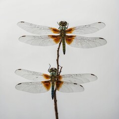 A dragonfly with transparent wings, wings spread wide on a white background



