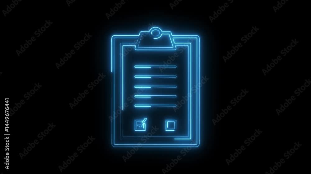 Poster neon clipboard animation with check mark and box options on black background modern business technol
