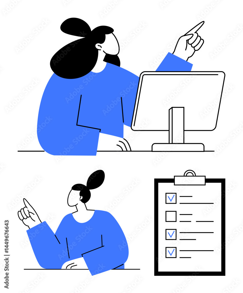 Aufkleber two individuals engaging with a computer and checklist, emphasizing teamwork, productivity, task org