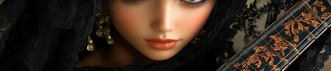 Obraz premium Woman's face, black veil, ornate detail