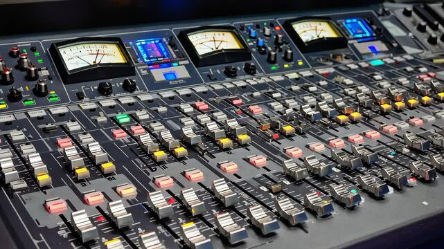 Audio Mixing Console with Faders and VU Meters