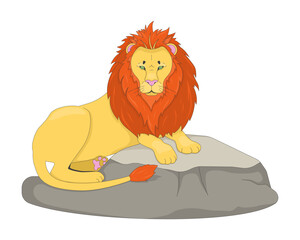 Majestic lion resting on rock 2D cartoon character. Safari zoo animal. Big cat. Fierce predator. Wildlife. Savanna king flat vector creature isolated on white. Spot illustration colorful