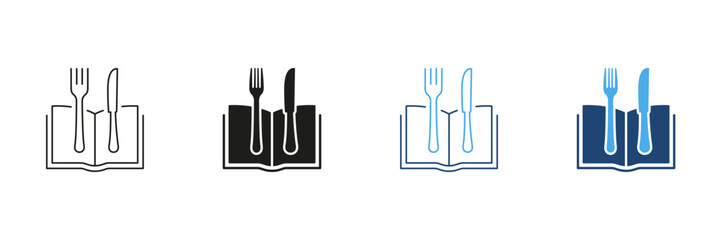 Open Book With Fork And Knife Line and Silhouette Icon Set. Menu And Healthy Dining. Book With Cutlery For Healthy Food And Dining. Cookbook Symbol. Isolated Vector Illustration