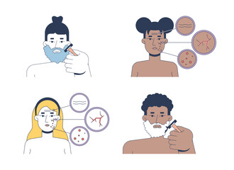 Face skin problems and shaving routine 2D vector illustrations set. Beard grooming, skincare dermatology. Diverse women, men flat characters isolated on white. Colorful cartoon images collection