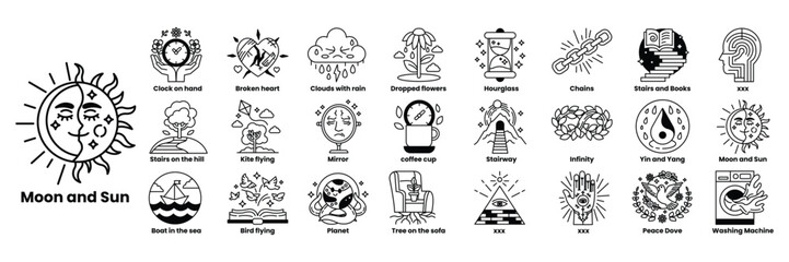 image is a collection of various symbols and icons including a sun a clock