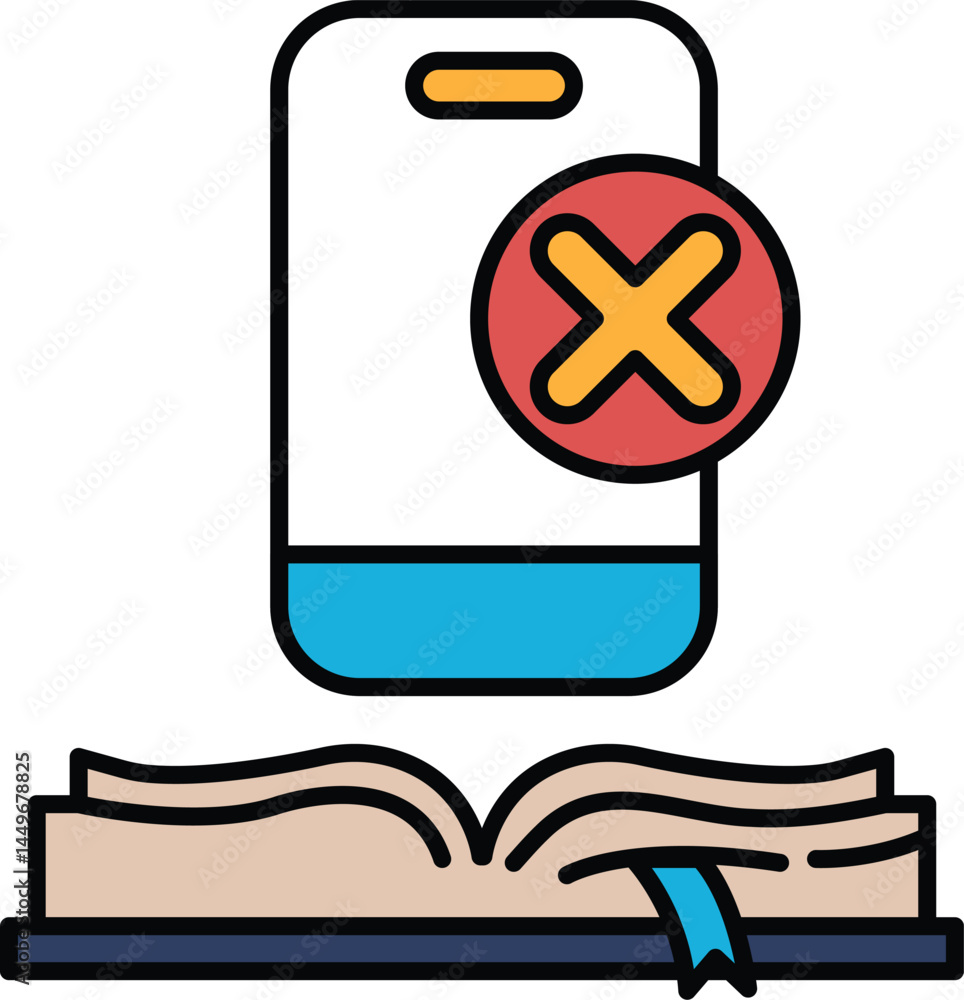 Poster a phone with an x on it is on top of an open book