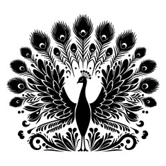 Majestic Peacock Silhouette: Ornate Black and White Bird Design