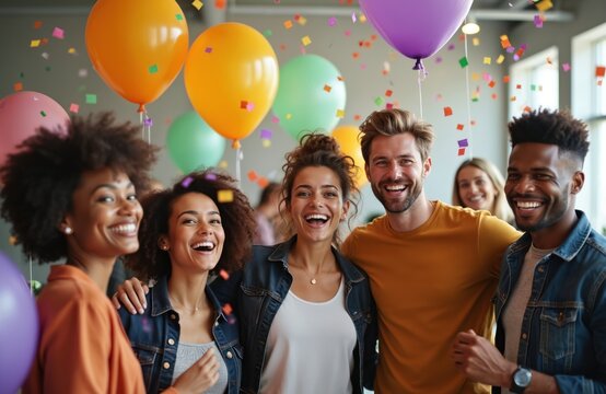 Happy business team celebrates success, party in office. Smiling people with confetti balloons enjoy corporate celebration event or company holiday, teamwork.