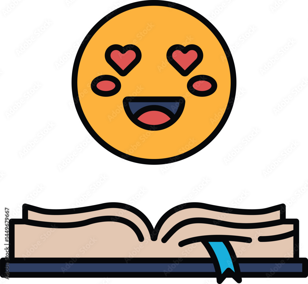 Poster a smiling face with two hearts on it is above an open book