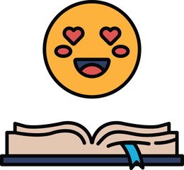 A smiling face with two hearts on it is above an open book