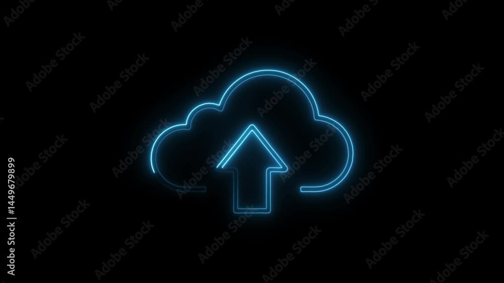 Poster neon cloud upload icon animation on black background data transfer