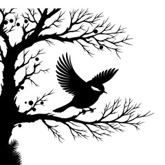 Bird Silhouette on a Bare Tree Branch