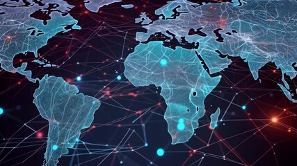 Abstract world map illustration with digital network connections, technology and global communication concept, internet nodes and interconnected data visualization - Powered by Adobe