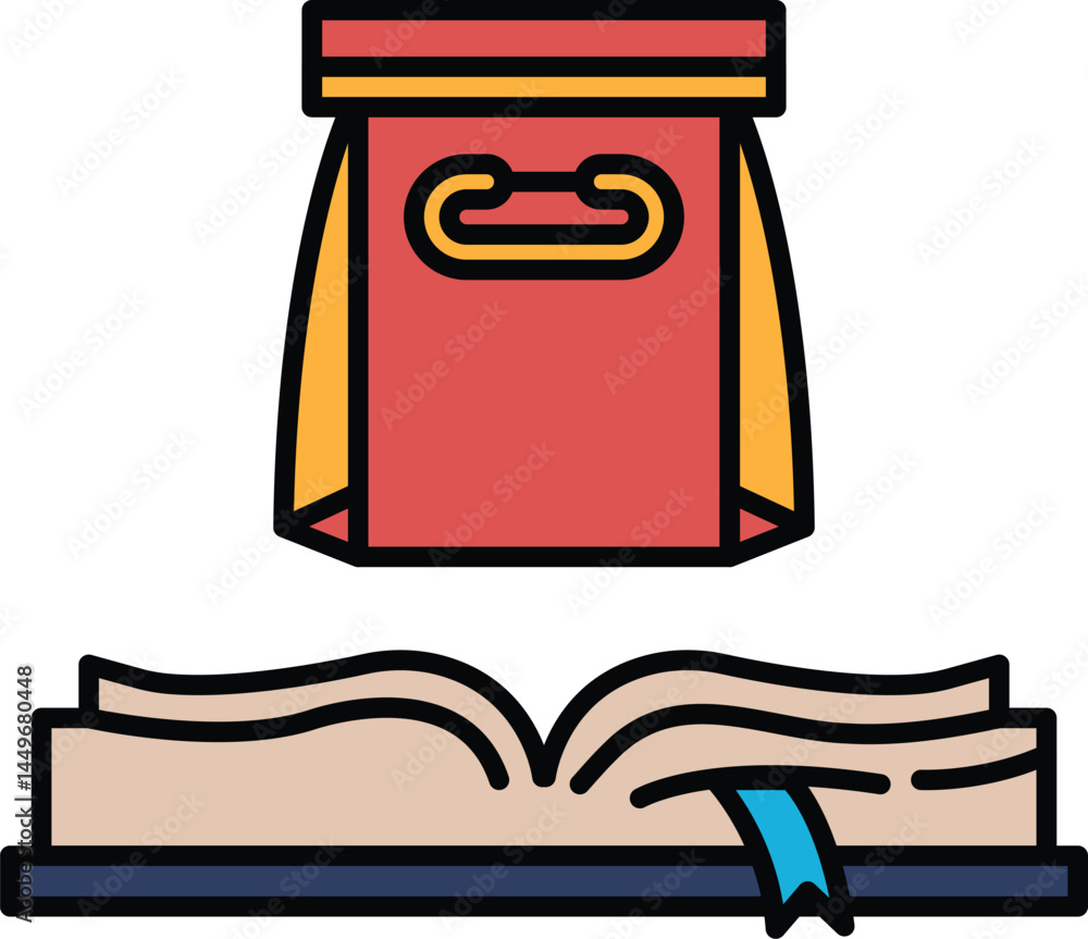 Poster a red bag with a yellow handle sits on top of an open book