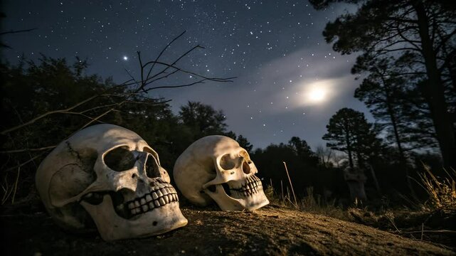 Two human skulls rest on the ground in a forest clearing under a starry night sky and visible moon.
