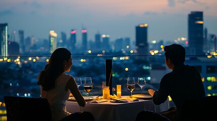 Obraz premium Couple is sitting at a table with wine glasses and a bottle of wine