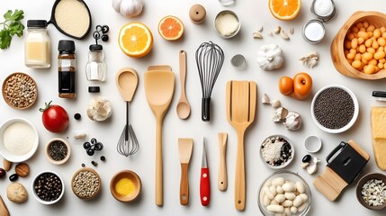 Wooden Cooking Utensils Food Ingredients Flat Lay