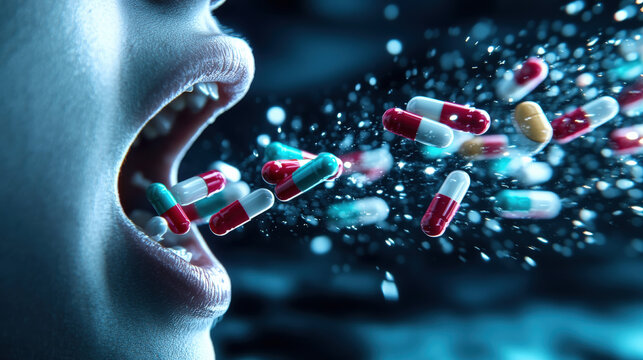 Surreal image of person with open mouth, releasing stream of colorful capsules and tablets into air, creating dynamic and futuristic scene