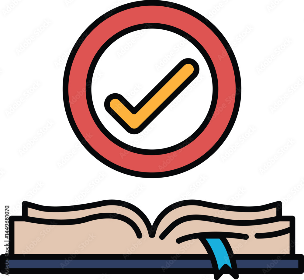 Poster a red circle with a yellow check mark is on top of an open book